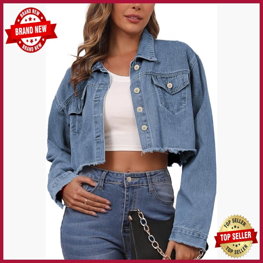 Distressed Denim Jacket Women's Long Sleeve Classic Fit Button Closure